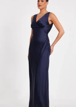 Quiz Navy Satin Front Wrap Maxi Dress