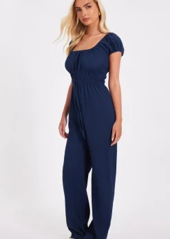 Quiz Navy Textured Puff Sleeve Jumpsuit
