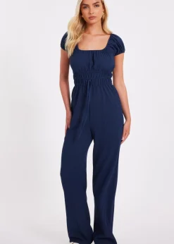 Quiz Navy Textured Puff Sleeve Jumpsuit