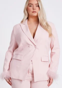 Quiz Pink Curve Feather Trim Blazer