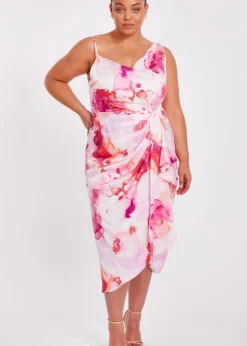 Quiz Pink Curve Tropical Print Midi Dress