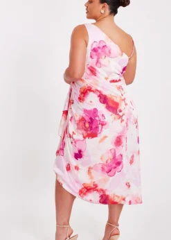 Quiz Pink Curve Tropical Print Midi Dress