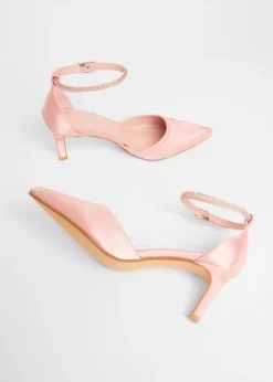 Quiz Pink Satin Diamante Strap Court Heels