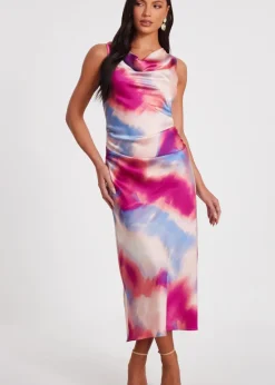Quiz Pink Satin Tie Dye Midi Dress