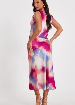 Quiz Pink Satin Tie Dye Midi Dress