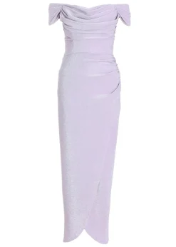 Quiz Purple Glitter Bardot Ruched Maxi Dress