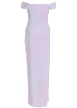 Quiz Purple Glitter Bardot Ruched Maxi Dress