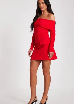 Quiz Red Bardot Long Sleeve Mini Dress