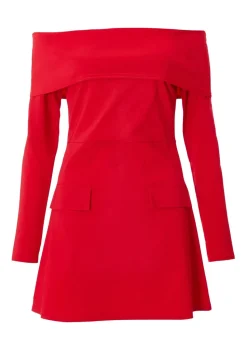 Quiz Red Bardot Long Sleeve Mini Dress