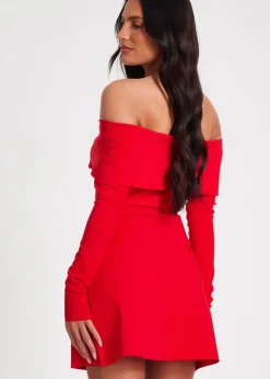 Quiz Red Bardot Long Sleeve Mini Dress
