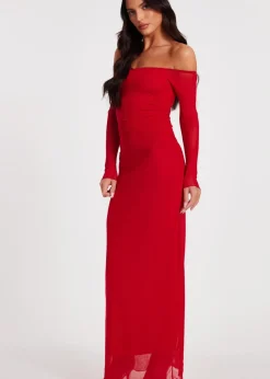 Quiz Red Bardot Mesh Midaxi Dress