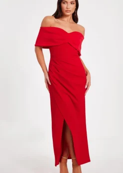 Quiz Red Petite Bardot Front Wrap Maxi Dress