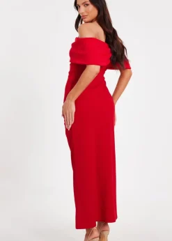 Quiz Red Petite Bardot Front Wrap Maxi Dress