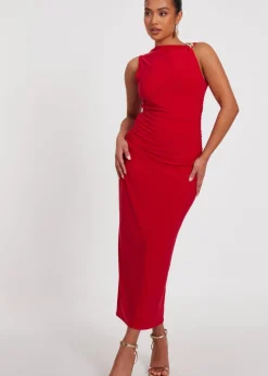 Quiz Red Petite Buckle Detail Midaxi Dress