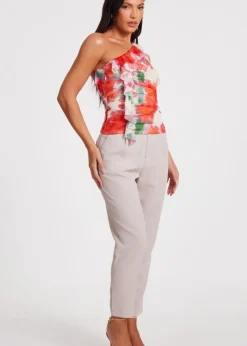 Quiz Red Printed Mesh Ruffle Top