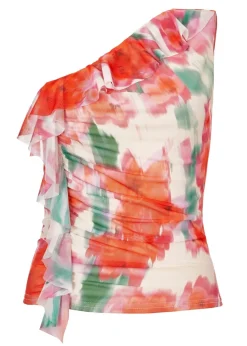 Quiz Red Printed Mesh Ruffle Top