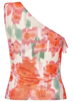 Quiz Red Printed Mesh Ruffle Top