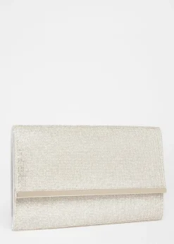 Quiz Silver Diamante Envelope Clutch Bag