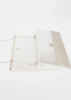 Quiz Silver Diamante Envelope Clutch Bag