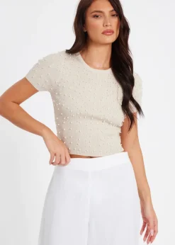 Quiz Stone Knit Embellished Crop Top