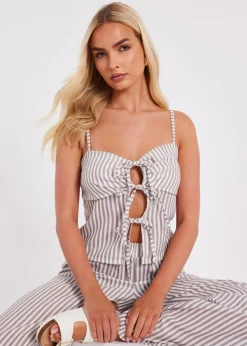 Quiz Stone Striped Tie Front Top
