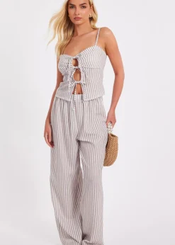 Quiz Stone Striped Wide Leg Trousers
