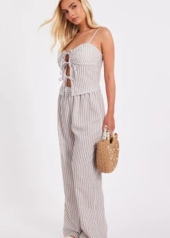 Quiz Stone Striped Wide Leg Trousers