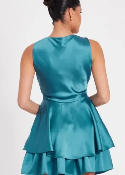 Quiz Teal Satin Frill Skater Dress