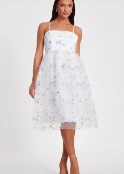 Quiz White Embroidered Floral Midi Dress