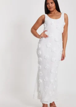 Quiz White Knitted Floral Midaxi Dress