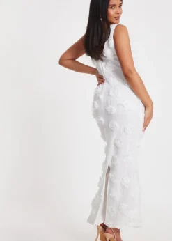 Quiz White Knitted Floral Midaxi Dress