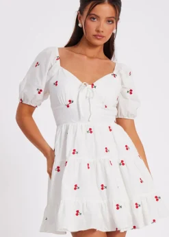 Quiz White Petite Cherry Print Skater Dress