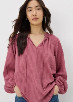 Raspberry Boho TexturedTie Neck Blouse