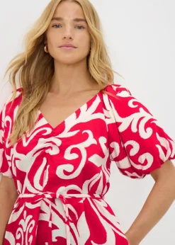 Red Floral Belted Mini Tea Dress