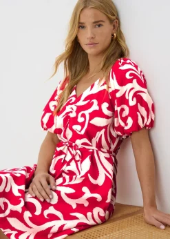 Red Floral Belted Mini Tea Dress