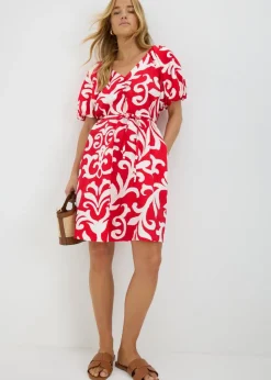 Red Floral Belted Mini Tea Dress