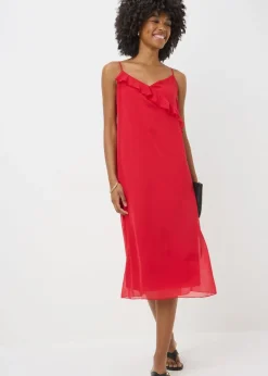 Red Frill Strappy Midi Dress