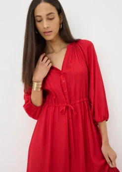 Red Raglan Midi Shirt Dress