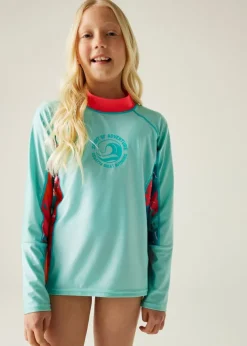 Regatta Blue Peach Tropical Leaf Kids Hoku II Swim Top (3-16 Years)