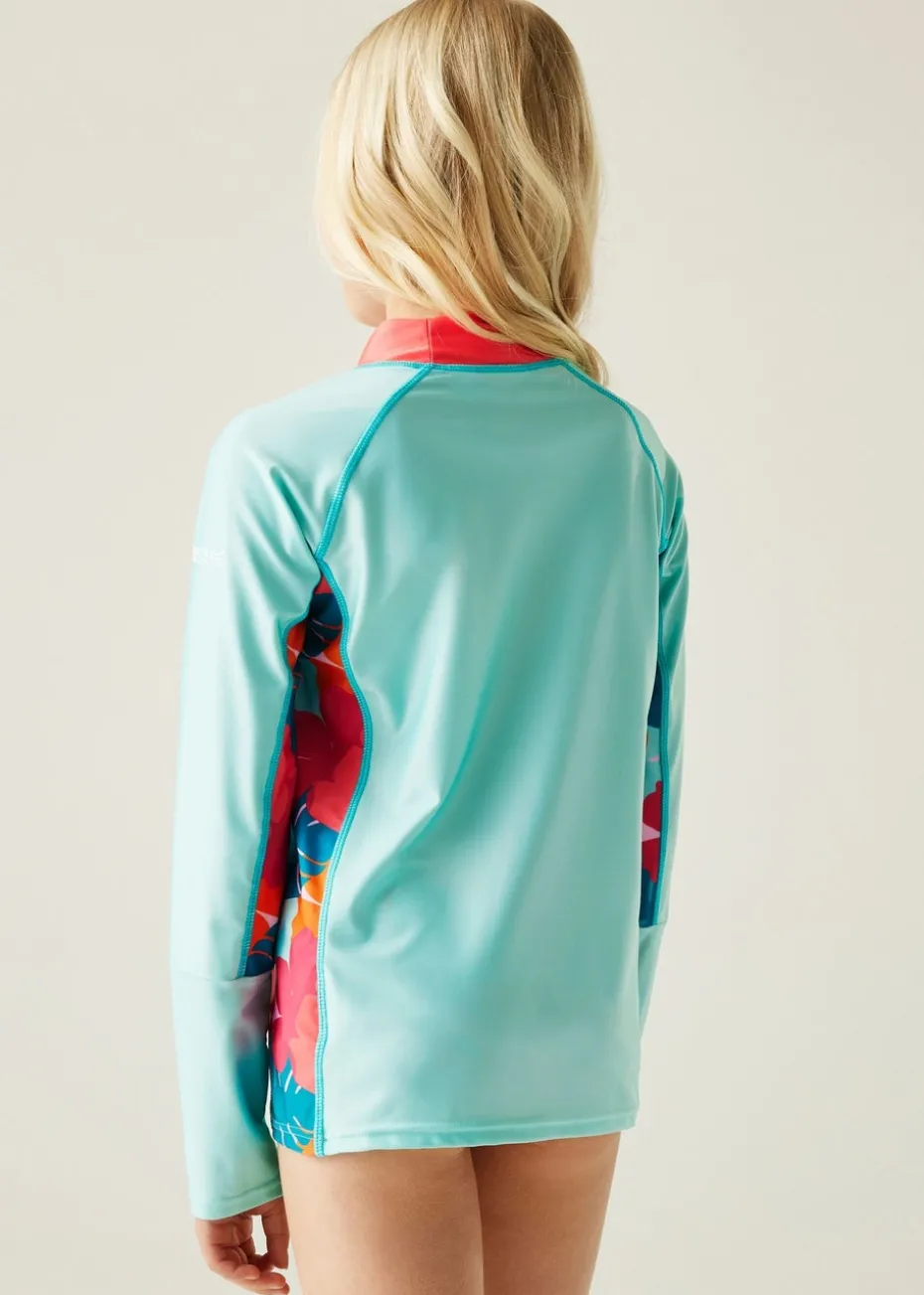 Regatta Blue Peach Tropical Leaf Kids Hoku II Swim Top (3-16 Years)