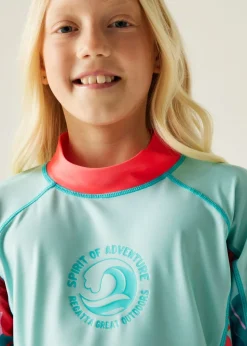 Regatta Blue Peach Tropical Leaf Kids Hoku II Swim Top (3-16 Years)