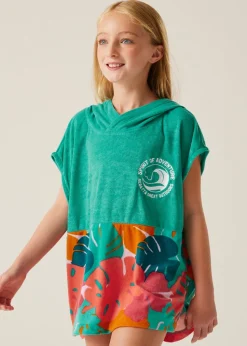 Regatta Turquoise Tropical Leaf Kids Towel II Robe (3- 13 Yrs)