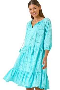 Roman Aqua Cotton Broderie Tiered Smock Dress