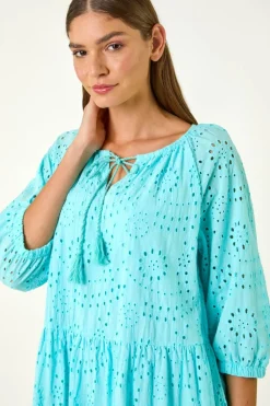 Roman Aqua Cotton Broderie Tiered Smock Dress