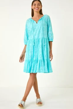 Roman Aqua Cotton Broderie Tiered Smock Dress