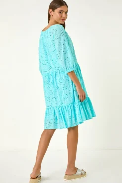 Roman Aqua Cotton Broderie Tiered Smock Dress