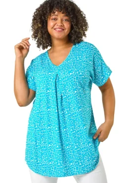 Roman Aqua Curve Pleat Front Printed Stretch Top