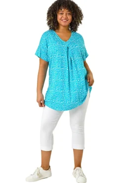 Roman Aqua Curve Pleat Front Printed Stretch Top