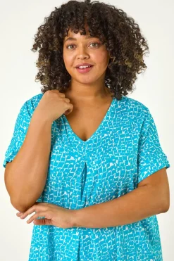 Roman Aqua Curve Pleat Front Printed Stretch Top