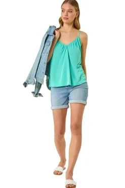 Roman Aqua Gathered V Neck Stretch Vest Top